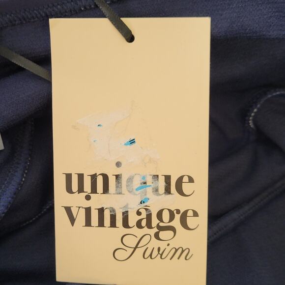 Unique Vintage Navy & White Polka Dot Corinne Halter Sheath Swimsuit 1X NWT - Picture 7 of 13